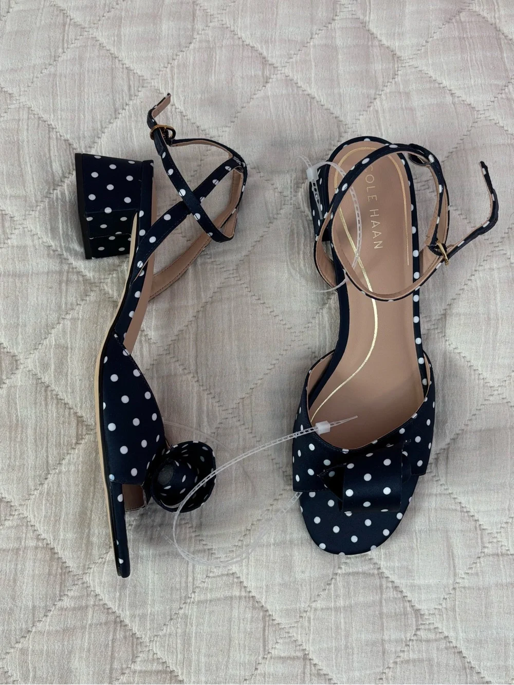 NWOT Cole Hann Fanya Florette Sandal Heels In Navy White Polka Dot Satin Sz 9 -